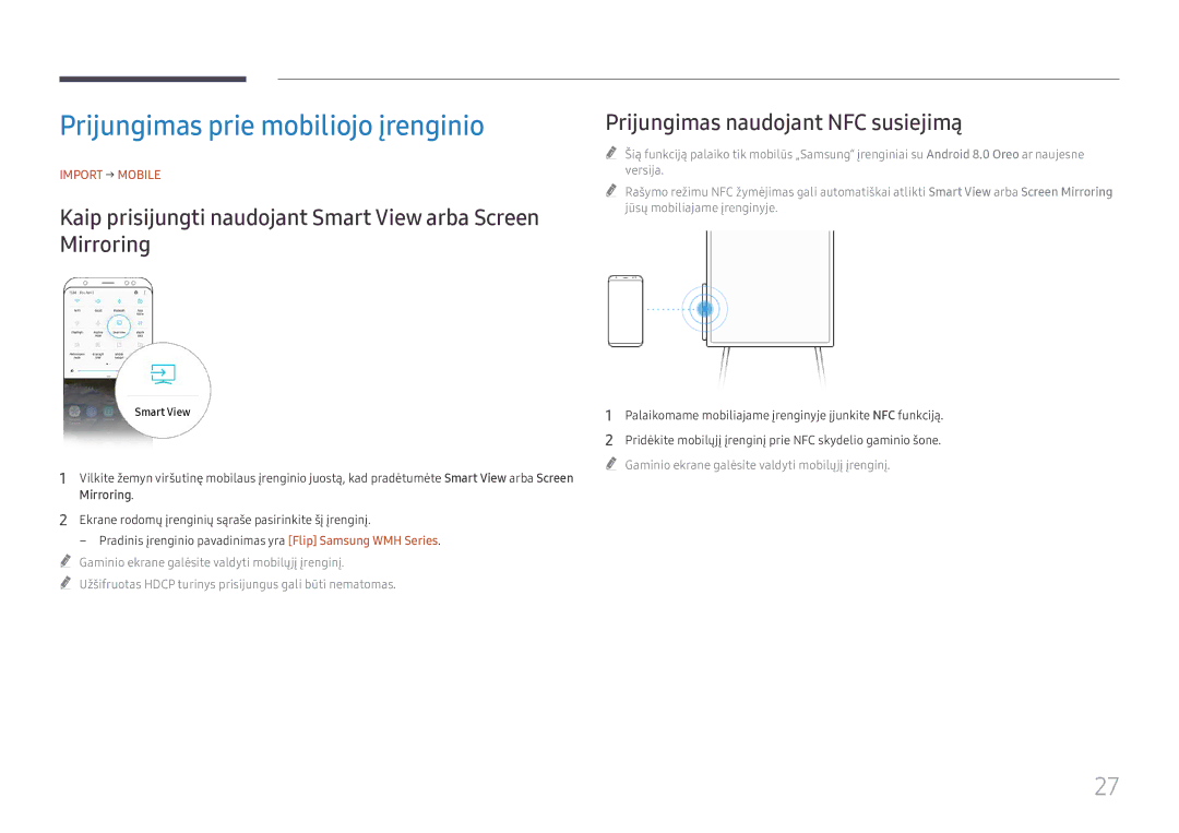 Samsung LH55WMHPTWC/EN manual Prijungimas prie mobiliojo įrenginio, Import → Mobile 