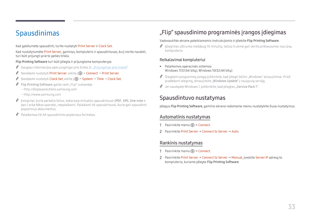 Samsung LH55WMHPTWC/EN manual Spausdinimas, „Flip spausdinimo programinės įrangos įdiegimas, Spausdintuvo nustatymas 