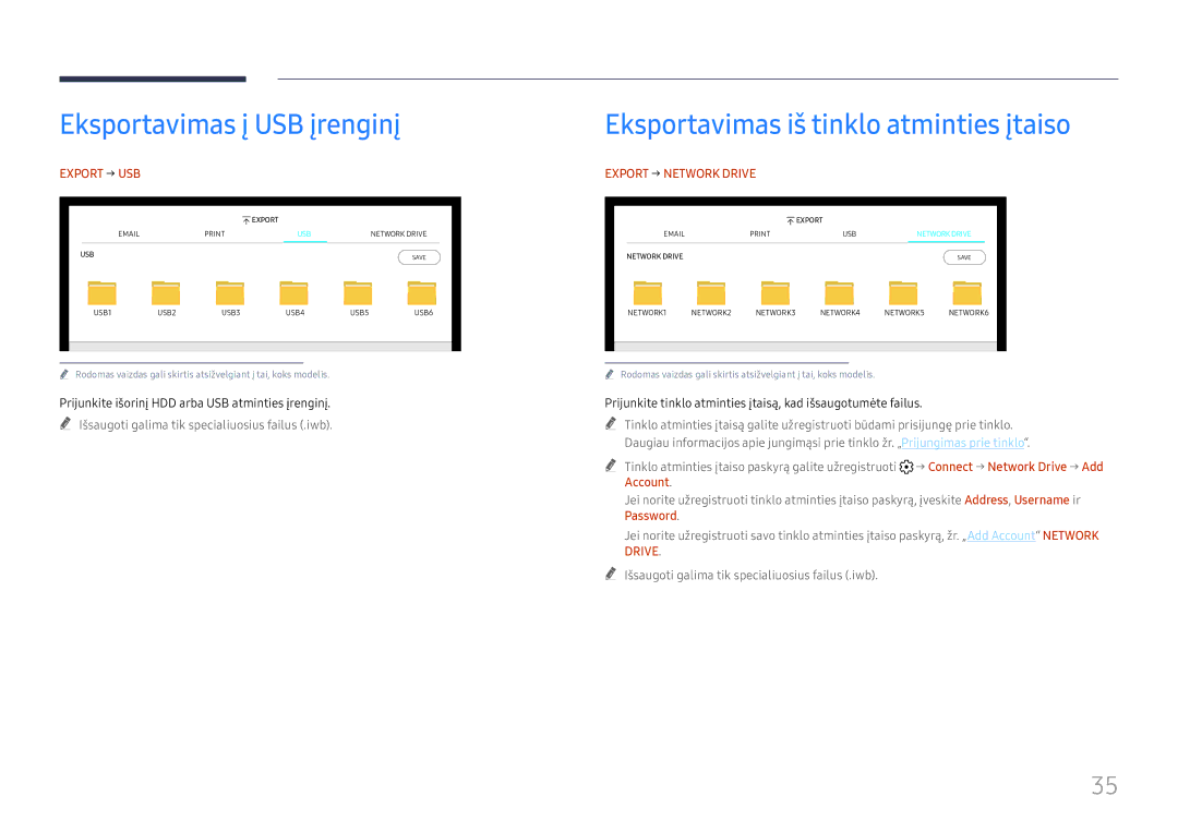 Samsung LH55WMHPTWC/EN manual Eksportavimas į USB įrenginį, Eksportavimas iš tinklo atminties įtaiso, Export → USB 