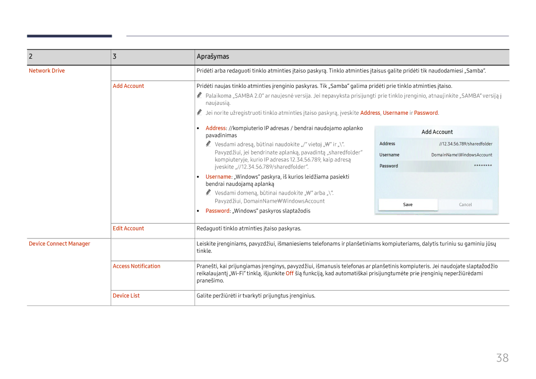 Samsung LH55WMHPTWC/EN Network Drive, Add Account, Edit Account, Device Connect Manager, Access Notification, Device List 