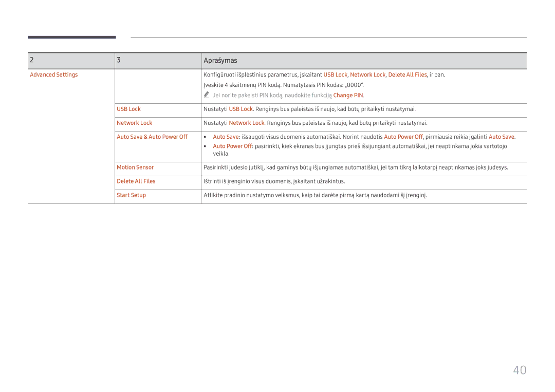 Samsung LH55WMHPTWC/EN Advanced Settings, USB Lock, Network Lock, Auto Save & Auto Power Off, Motion Sensor, Start Setup 