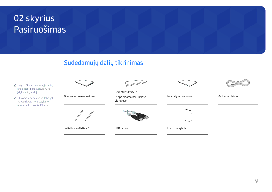 Samsung LH55WMHPTWC/EN manual Pasiruošimas, Sudedamųjų dalių tikrinimas 