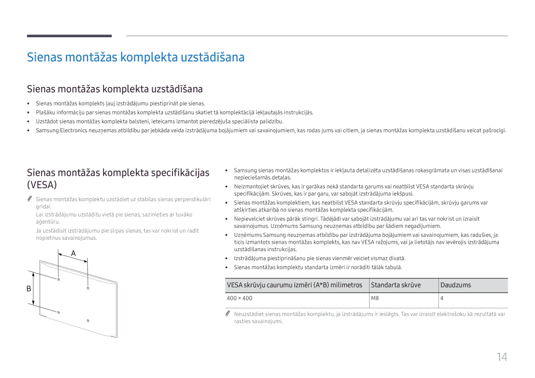 Samsung LH55WMHPTWC/EN manual Sienas montāžas komplekta uzstādīšana, Sienas montāžas komplekta specifikācijas Vesa 