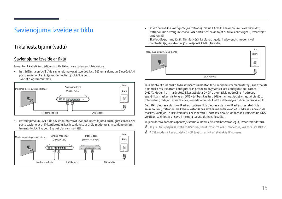 Samsung LH55WMHPTWC/EN manual Savienojuma izveide ar tīklu, Tīkla iestatījumi vadu 