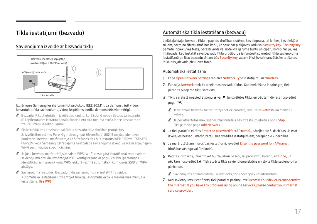 Samsung LH55WMHPTWC/EN manual Tīkla iestatījumi bezvadu, Savienojuma izveide ar bezvadu tīklu 