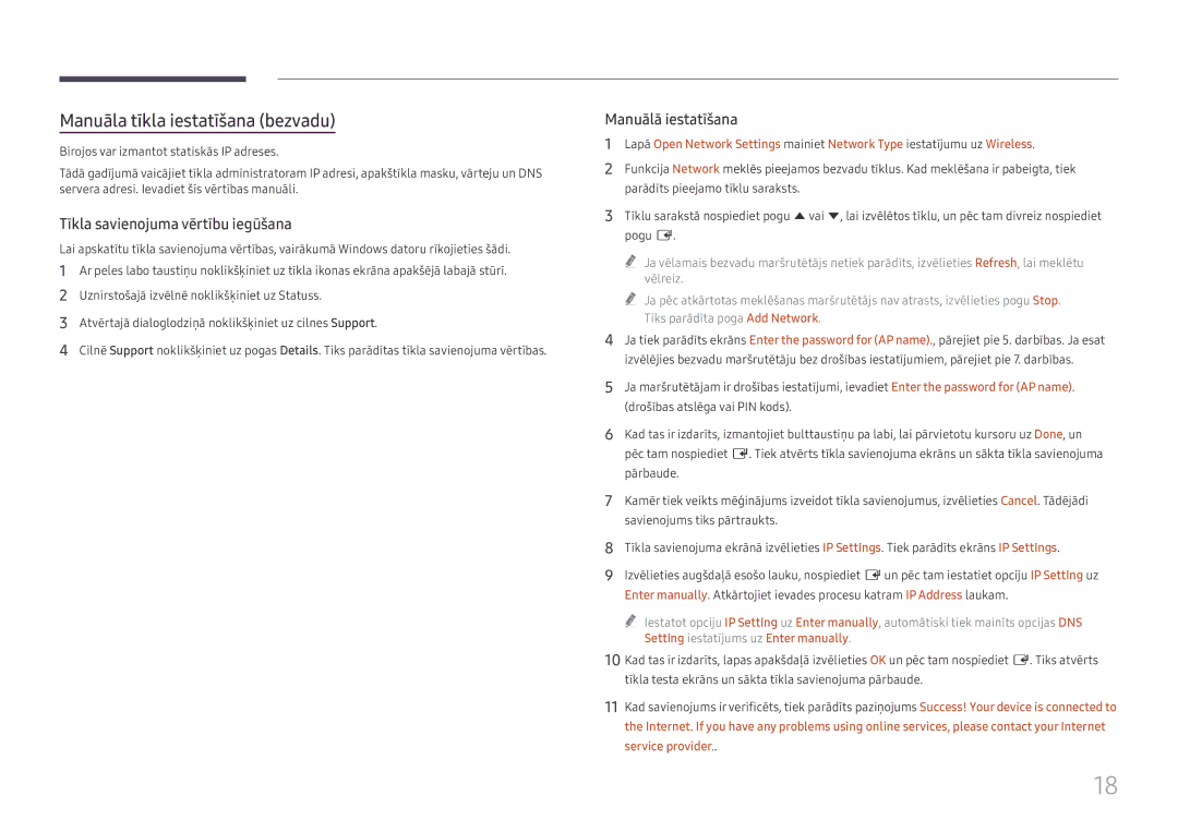 Samsung LH55WMHPTWC/EN manual Manuāla tīkla iestatīšana bezvadu 