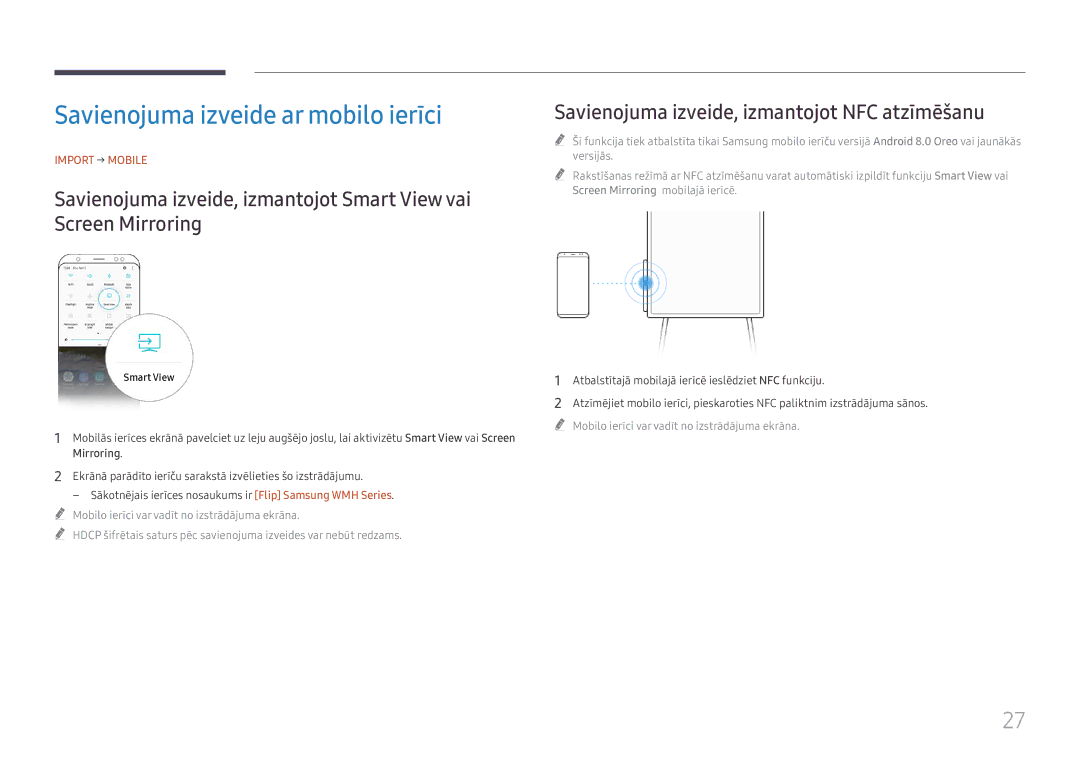 Samsung LH55WMHPTWC/EN manual Savienojuma izveide ar mobilo ierīci, Import → Mobile 