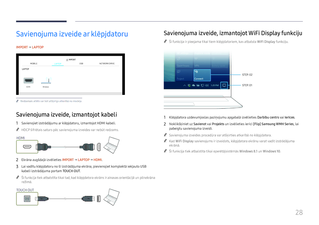 Samsung LH55WMHPTWC/EN manual Savienojuma izveide ar klēpjdatoru, Savienojuma izveide, izmantojot kabeli, Import → Laptop 