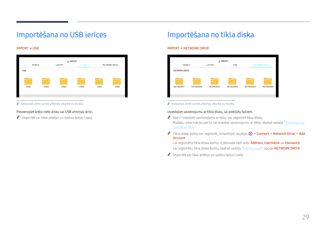 Samsung LH55WMHPTWC/EN manual Importēšana no USB ierīces, Importēšana no tīkla diska, Import → USB, Import → Network Drive 