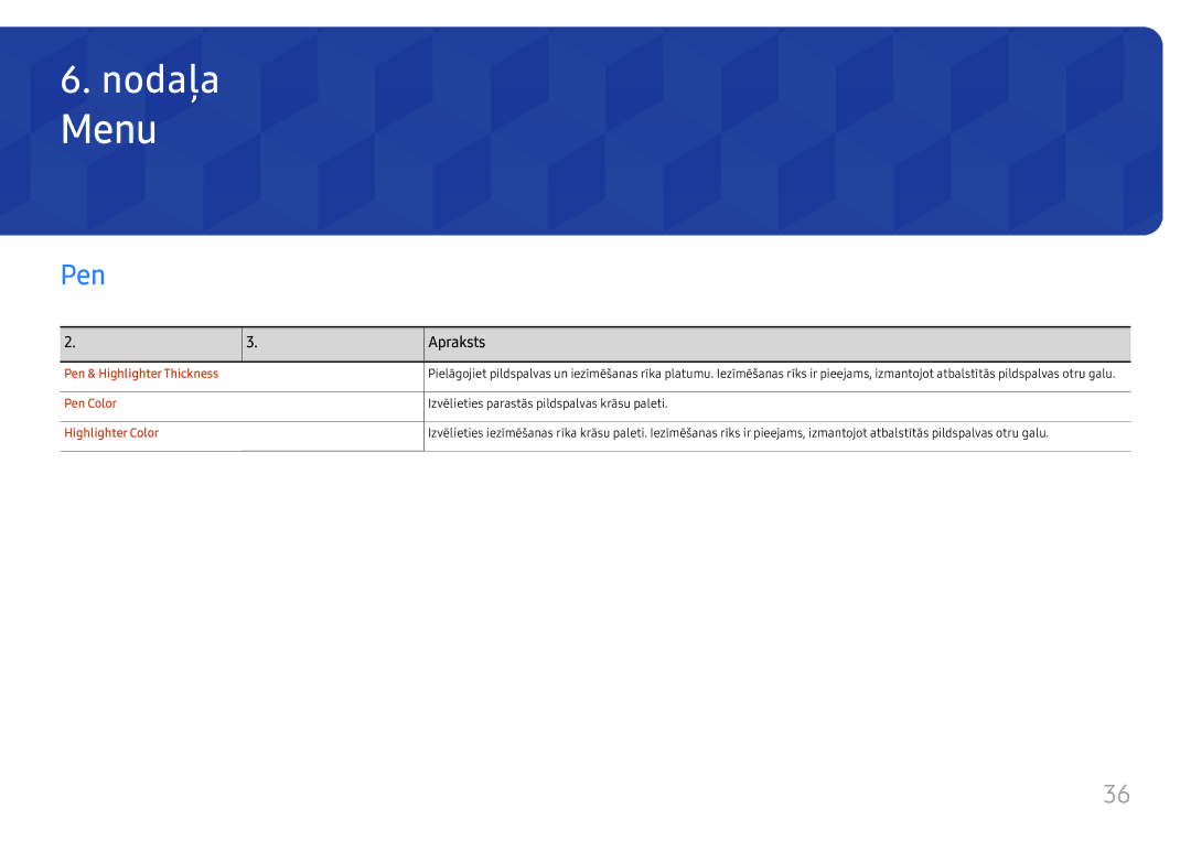 Samsung LH55WMHPTWC/EN manual Pen & Highlighter Thickness, Pen Color, Izvēlieties parastās pildspalvas krāsu paleti 