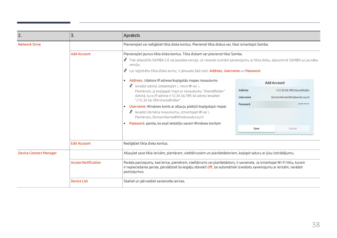 Samsung LH55WMHPTWC/EN Network Drive, Add Account, Edit Account, Device Connect Manager, Access Notification, Device List 