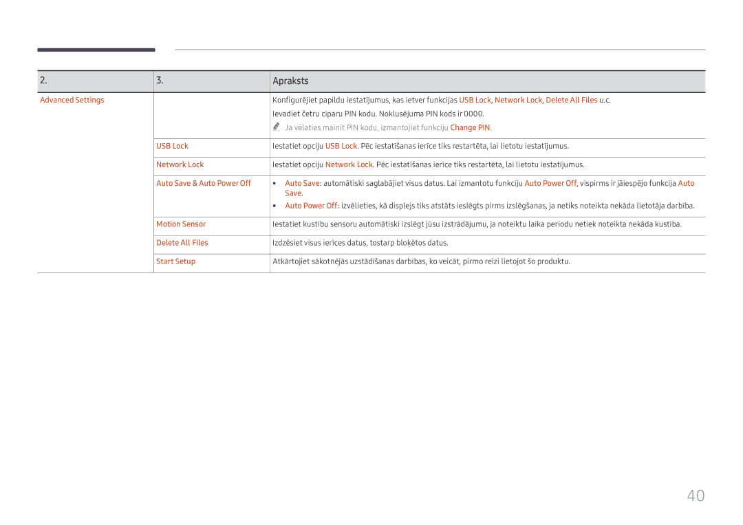 Samsung LH55WMHPTWC/EN Advanced Settings, USB Lock, Network Lock, Auto Save & Auto Power Off, Motion Sensor, Start Setup 