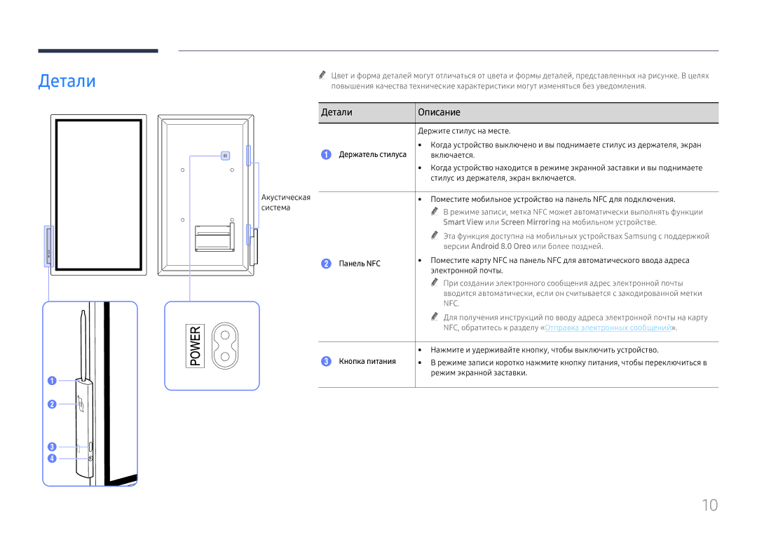 Samsung LH55WMHPTWC/EN manual Детали Описание, Панель NFC, Кнопка питания 