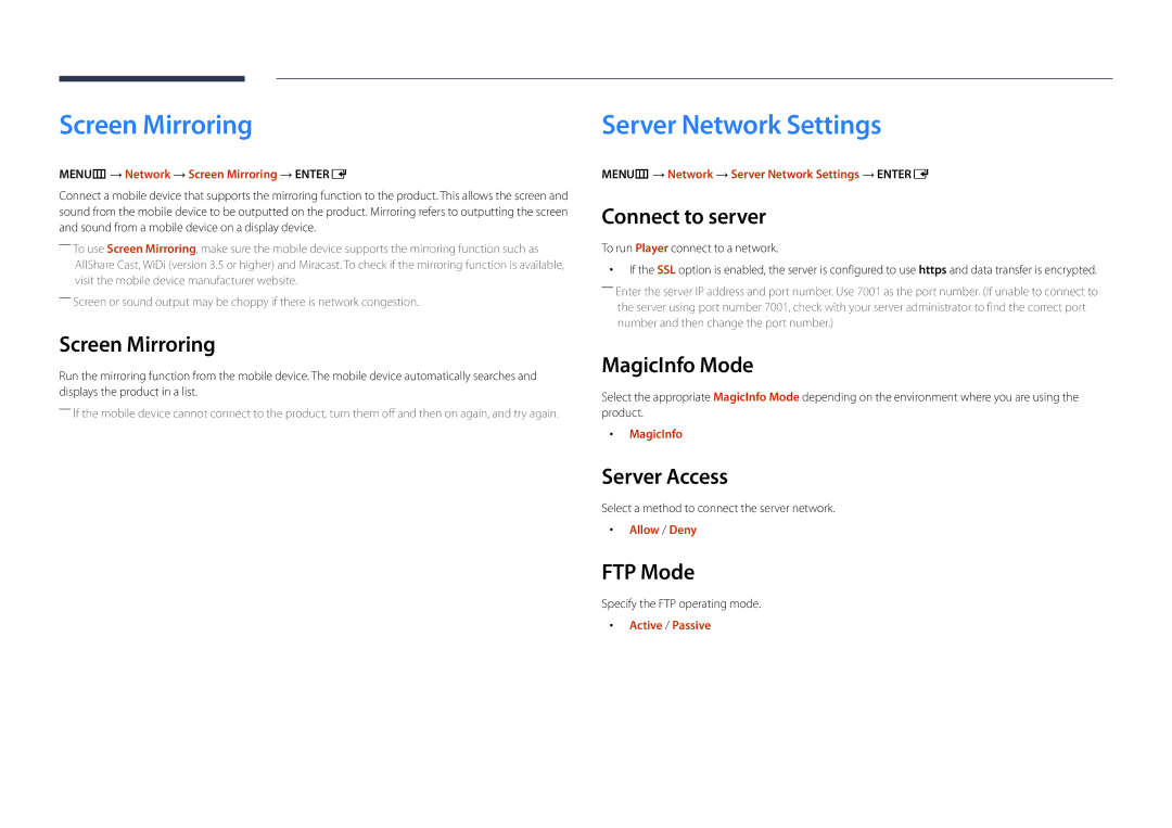 Samsung LH65DMDPLGC/NG, LH65DMDPLGC/EN, LH75DMDPLGC/EN, LH75DMDPLGC/NG manual Screen Mirroring, Server Network Settings 