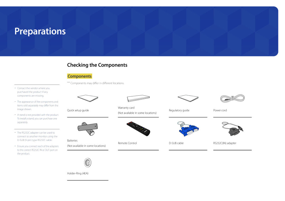 Samsung LH65DMDPLGC/NG, LH65DMDPLGC/EN manual Preparations, Checking the Components, Warranty card, Regulatory guide 