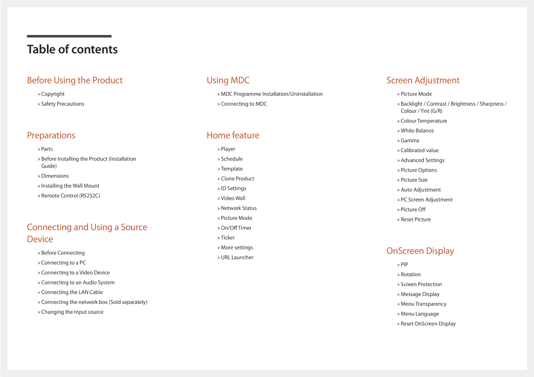 Samsung LH75DMDPLGC/NG, LH65DMDPLGC/EN, LH75DMDPLGC/EN, LH75DMDPLGC/UE, LH65DMDPLGC/UE, LH65DMDPLGC/NG manual Table of contents 