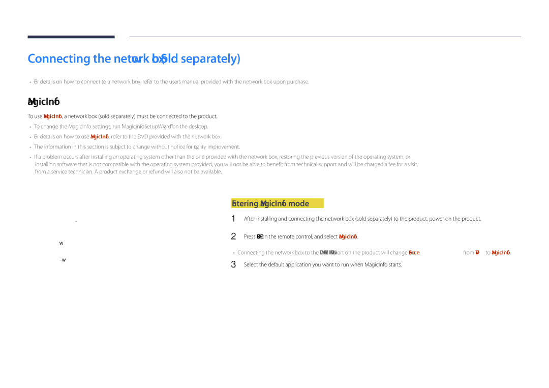 Samsung LH65DMDPLGC/NG, LH65DMDPLGC/EN manual Connecting the network box Sold separately, Entering MagicInfo mode 