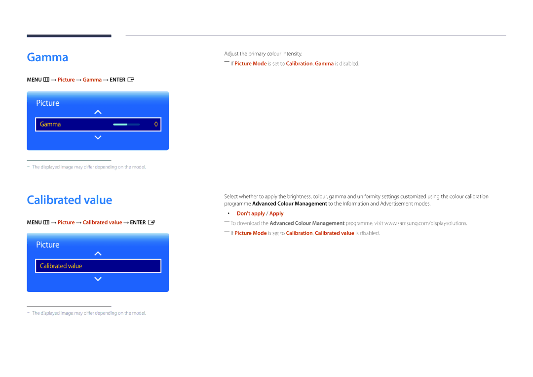 Samsung LH75DMDPLGC/XY, LH65DMDPLGC/EN manual Gamma, Menu m → Picture → Calibrated value → Enter E, Dont apply / Apply 