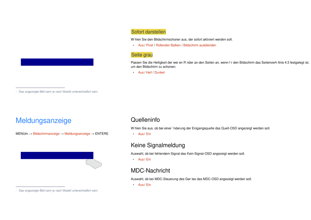 Samsung LH65DMDPLGC/EN, LH75DMDPLGC/EN manual Meldungsanzeige, Quelleninfo, Keine Signalmeldung, MDC-Nachricht 