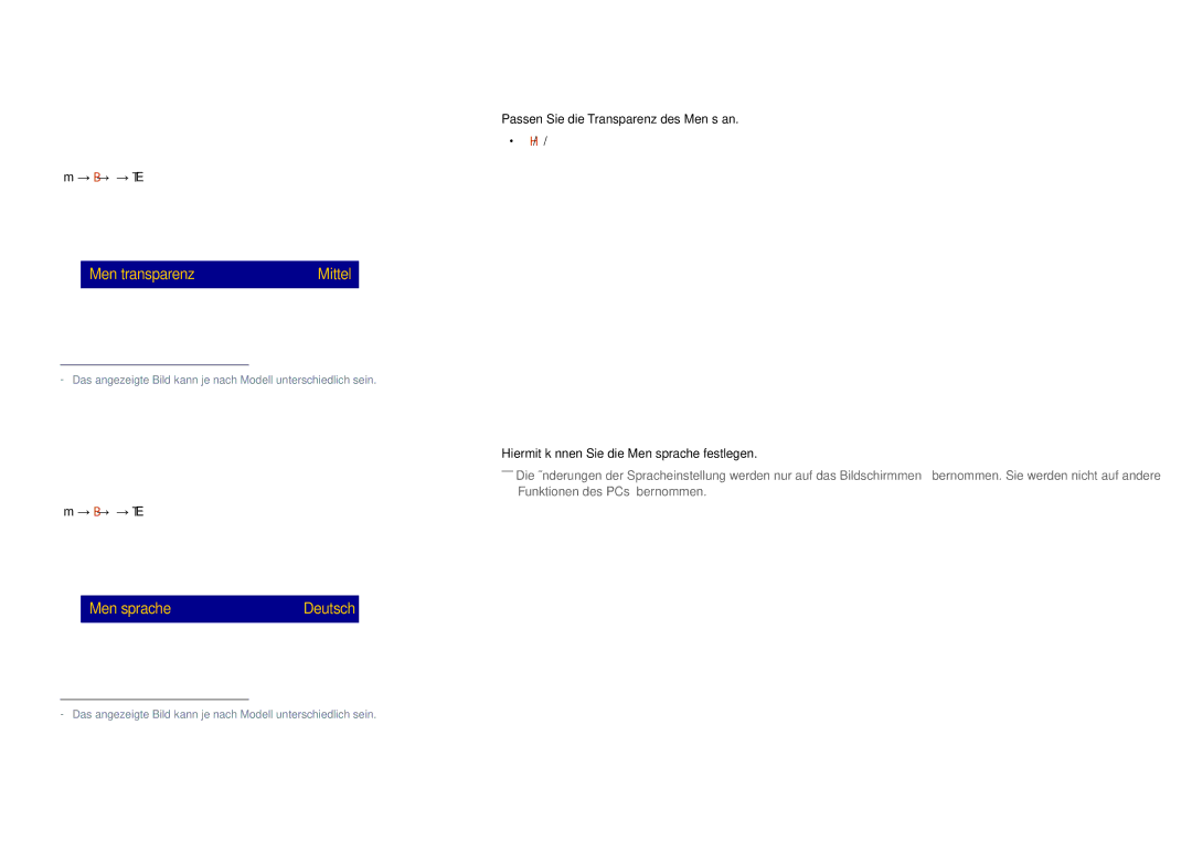 Samsung LH75DMDPLGC/EN, LH65DMDPLGC/EN manual Menütransparenz, Menüsprache, Hoch / Mittel / Gering 