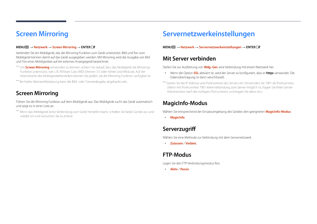 Samsung LH75DMDPLGC/EN, LH65DMDPLGC/EN manual Screen Mirroring, Servernetzwerkeinstellungen 