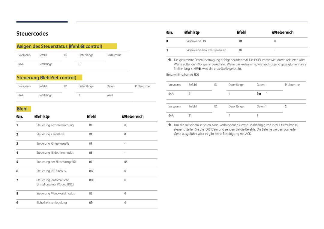 Samsung LH65DMDPLGC/EN manual Steuercodes, Anzeigen des Steuerstatus Befehl Get control, Steuerung Befehl Set control 