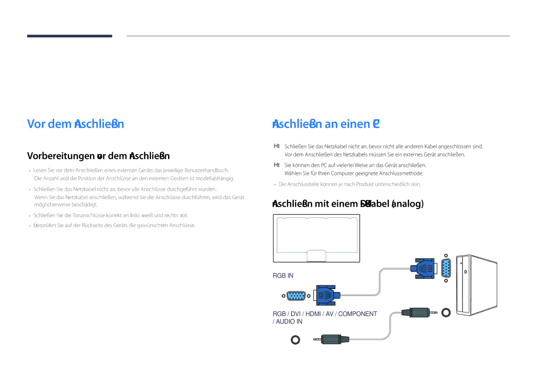 Samsung LH75DMDPLGC/EN manual Anschließen und Verwenden eines externen Geräts, Vor dem Anschließen, Anschließen an einen PC 