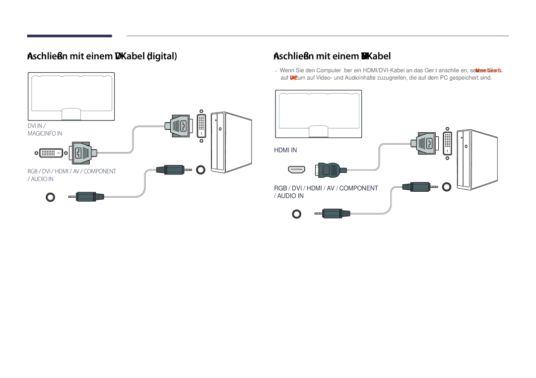 Samsung LH65DMDPLGC/EN, LH75DMDPLGC/EN manual Anschließen mit einem DVI-Kabel digital, Anschließen mit einem HDMI-DVI-Kabel 