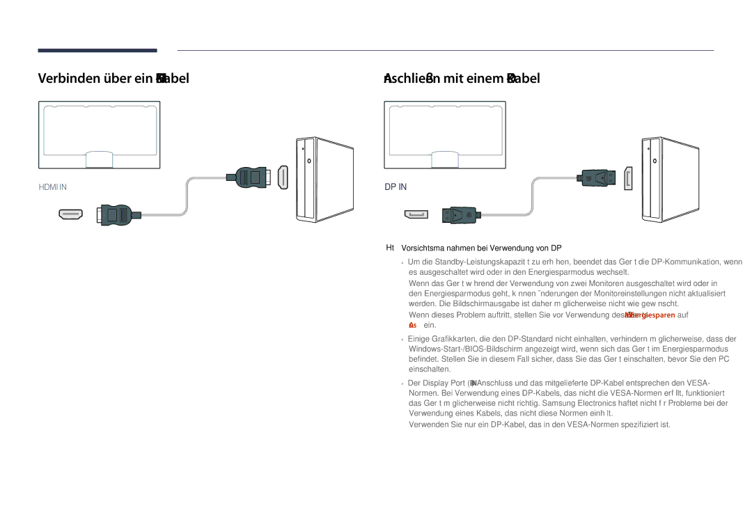 Samsung LH75DMDPLGC/EN, LH65DMDPLGC/EN manual Verbinden über ein HDMI-Kabel, Anschließen mit einem DP-Kabel 