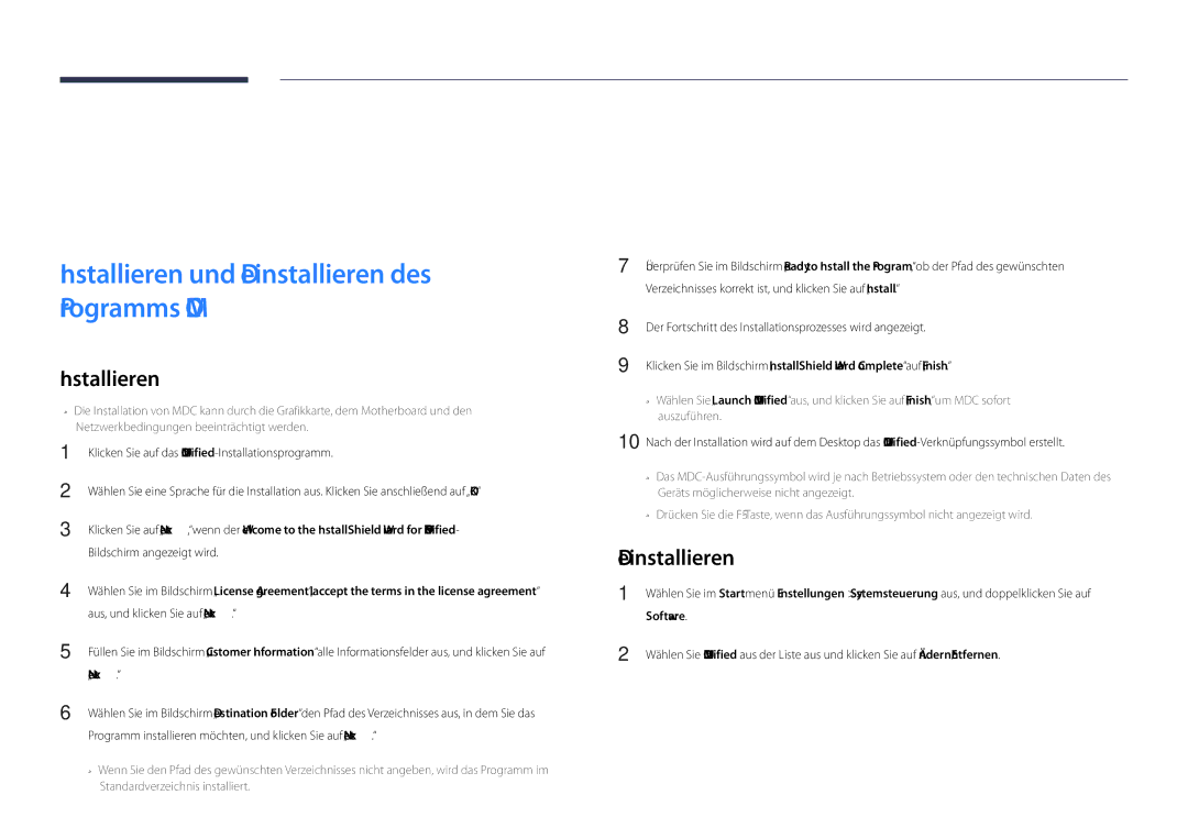 Samsung LH65DMDPLGC/EN, LH75DMDPLGC/EN manual Verwenden von MDC, Deinstallieren, Software 