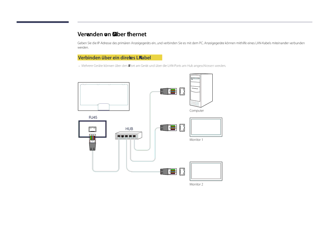 Samsung LH65DMDPLGC/EN, LH75DMDPLGC/EN manual Verwenden von MDC über Ethernet, Verbinden über ein direktes LAN-Kabel 