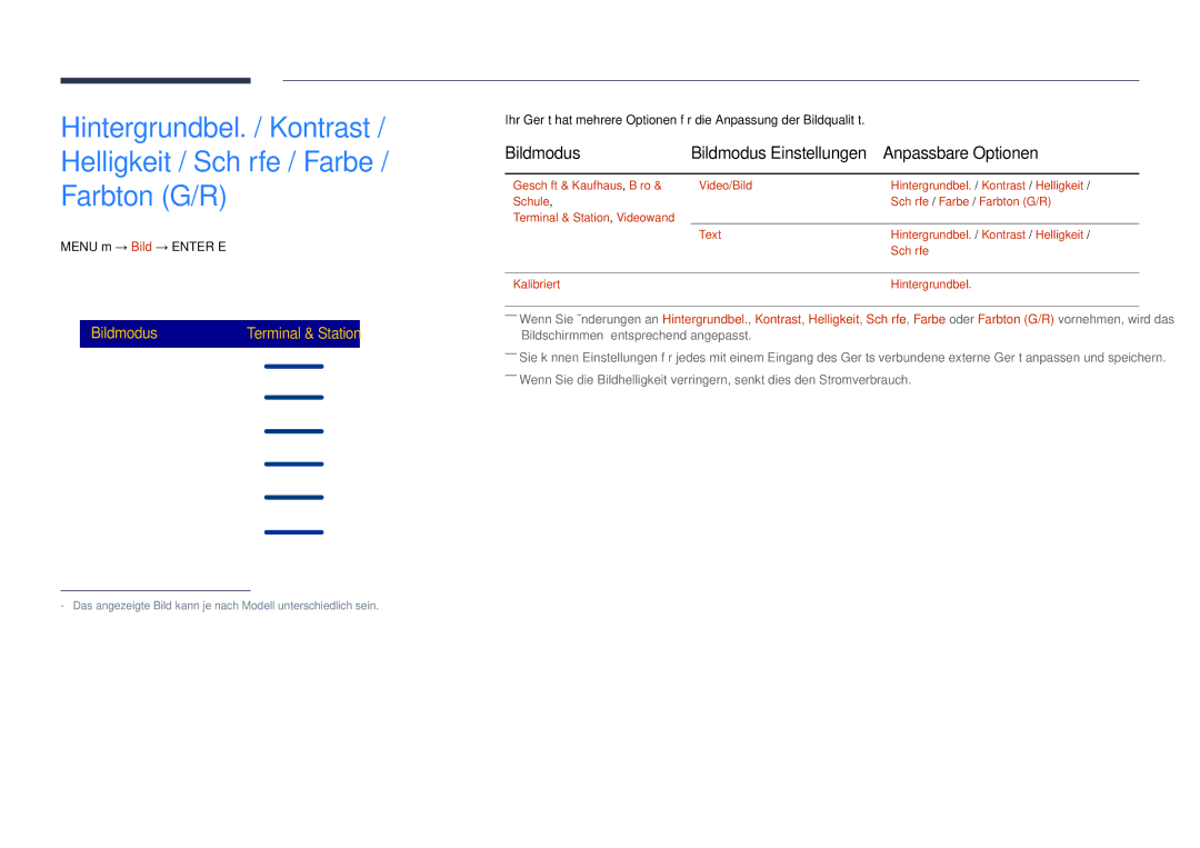 Samsung LH75DMDPLGC/EN, LH65DMDPLGC/EN manual Bildmodus, Anpassbare Optionen, Menu m → Bild → Enter E 