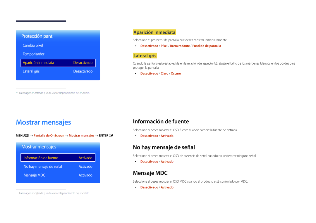 Samsung LH65DMDPLGC/EN, LH75DMDPLGC/EN manual Mostrar mensajes, Información de fuente, No hay mensaje de señal, Mensaje MDC 