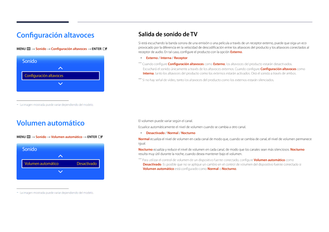 Samsung LH65DMDPLGC/EN, LH75DMDPLGC/EN manual Configuración altavoces, Volumen automático, Salida de sonido de TV 