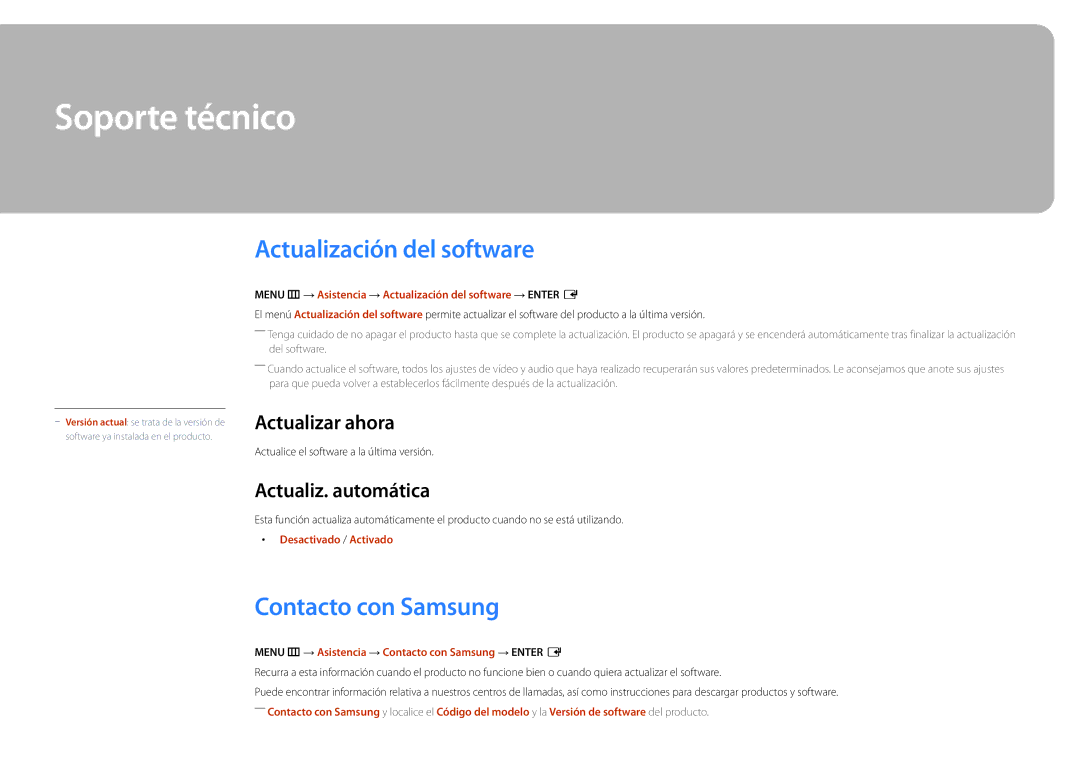 Samsung LH65DMDPLGC/EN, LH75DMDPLGC/EN Soporte técnico, Actualización del software, Contacto con Samsung, Actualizar ahora 