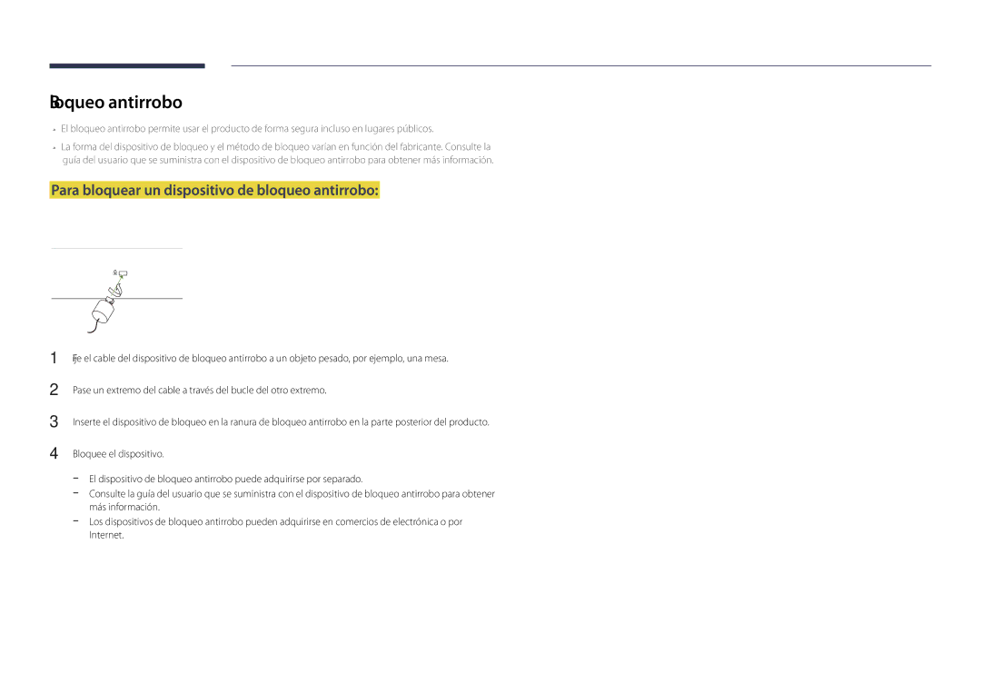Samsung LH65DMDPLGC/EN, LH75DMDPLGC/EN manual Bloqueo antirrobo, Para bloquear un dispositivo de bloqueo antirrobo 
