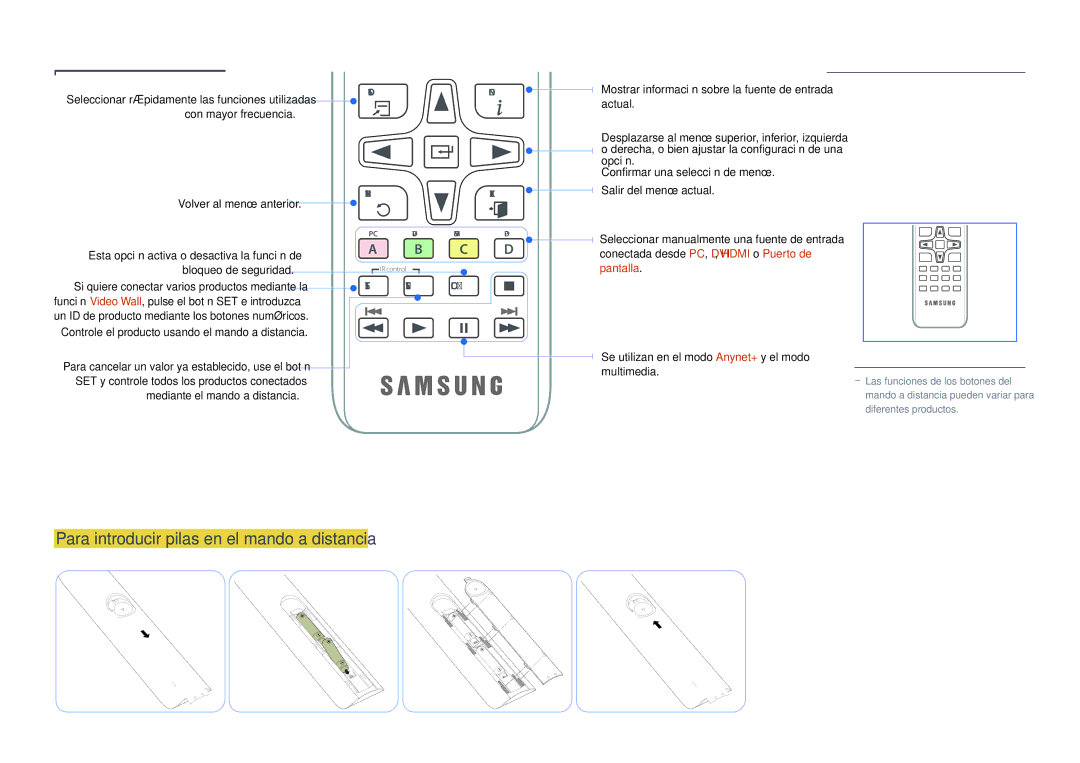 Samsung LH65DMDPLGC/EN, LH75DMDPLGC/EN manual Para introducir pilas en el mando a distancia, Pantalla 