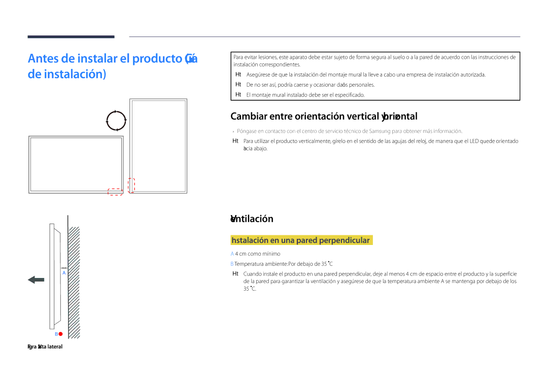 Samsung LH65DMDPLGC/EN Antes de instalar el producto Guía de instalación, Cambiar entre orientación vertical y horizontal 