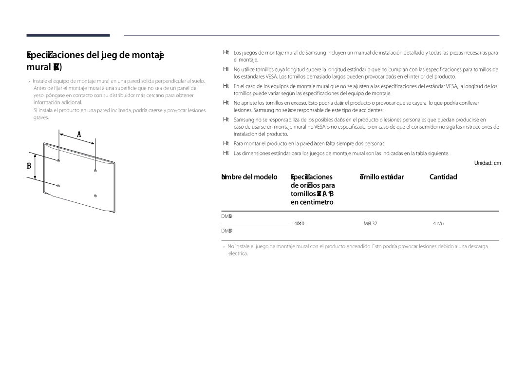 Samsung LH75DMDPLGC/EN, LH65DMDPLGC/EN manual Especificaciones del juego de montaje mural Vesa, En centimetro 