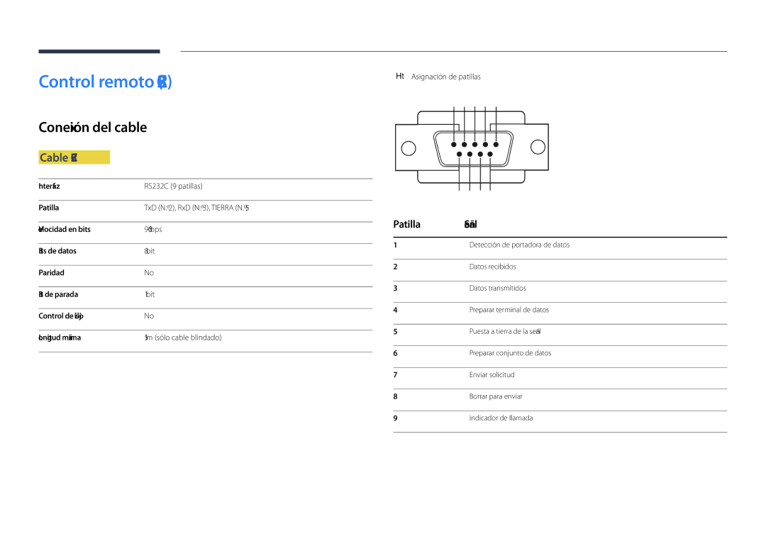 Samsung LH65DMDPLGC/EN Control remoto RS232C, Conexión del cable, Cable RS232C, Patilla Señal, Asignación de patillas 