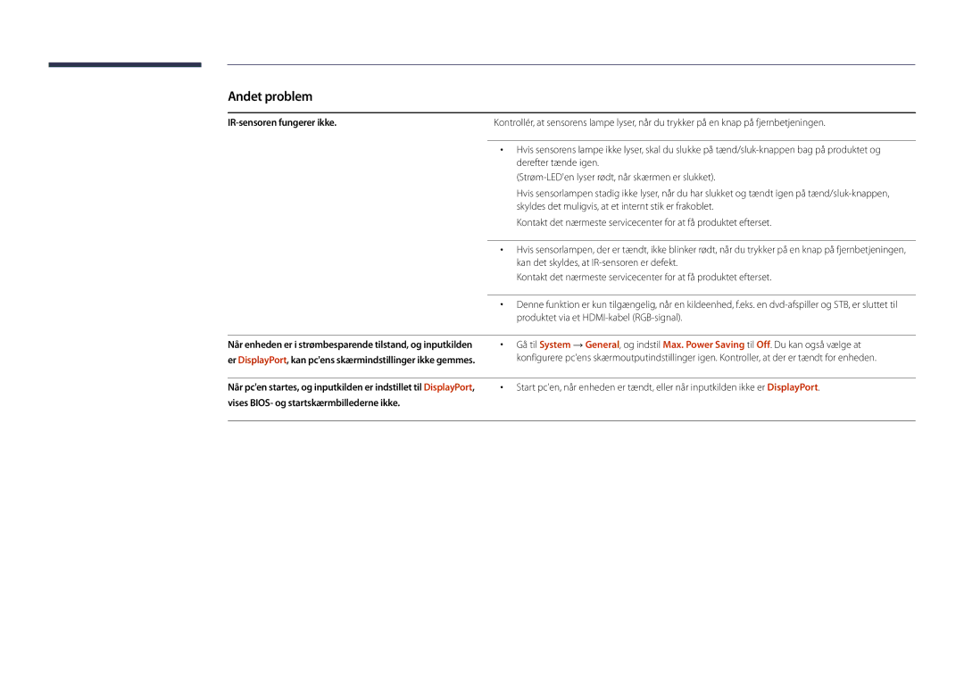 Samsung LH75DMDPLGC/EN, LH65DMDPLGC/EN manual IR-sensoren fungerer ikke, Vises BIOS- og startskærmbillederne ikke 