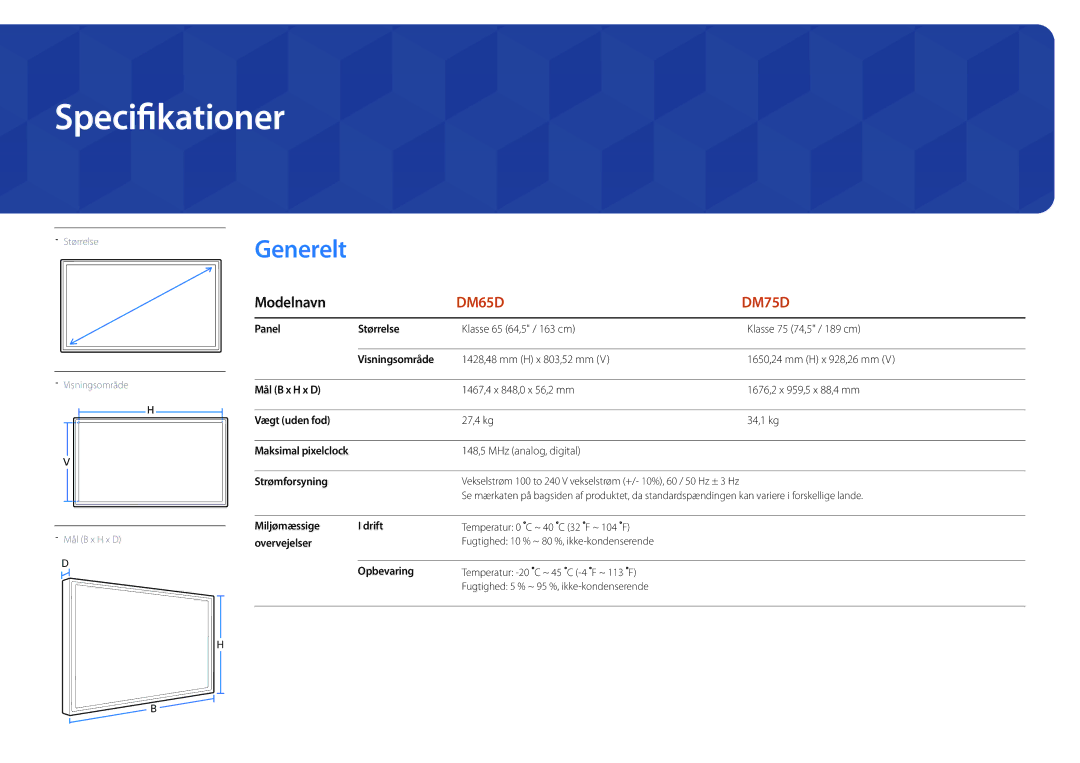 Samsung LH65DMDPLGC/EN, LH75DMDPLGC/EN manual Specifikationer, Generelt 