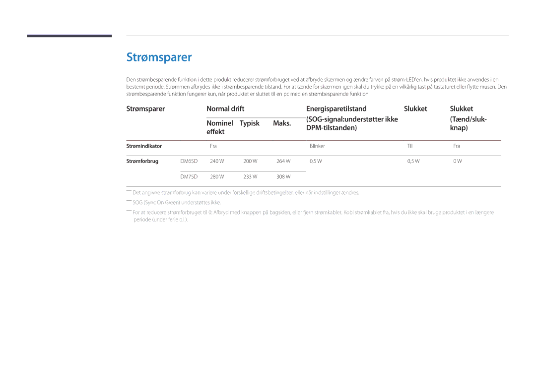 Samsung LH65DMDPLGC/EN, LH75DMDPLGC/EN manual Strømsparer Normal drift Energisparetilstand Slukket, Tænd/sluk, Nominel 