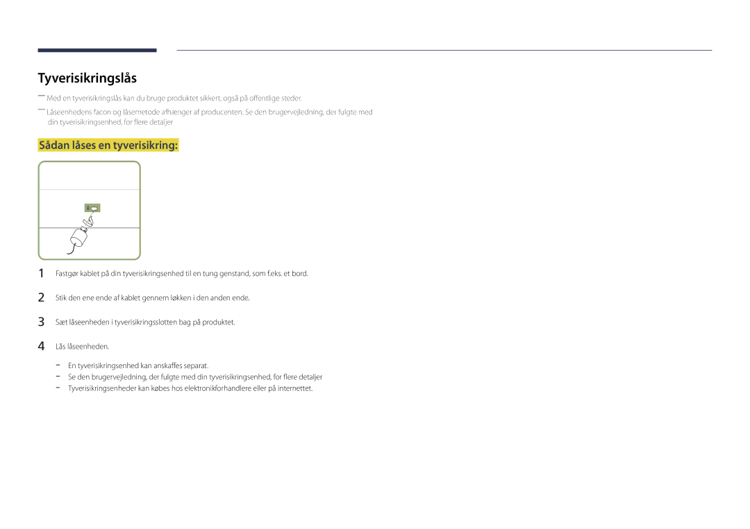 Samsung LH65DMDPLGC/EN, LH75DMDPLGC/EN manual Tyverisikringslås, Sådan låses en tyverisikring 