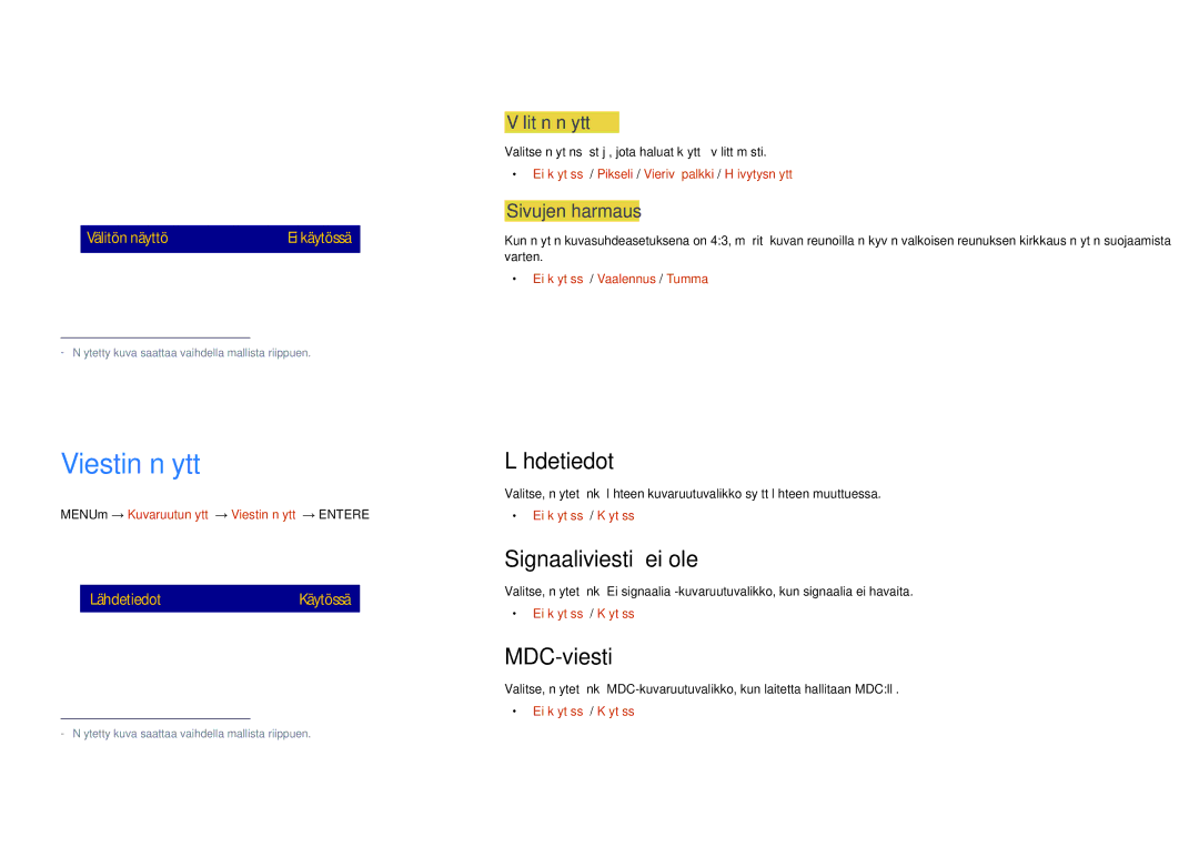 Samsung LH65DMDPLGC/EN, LH75DMDPLGC/EN manual Viestin näyttö, Lähdetiedot, Signaaliviestiä ei ole, MDC-viesti 