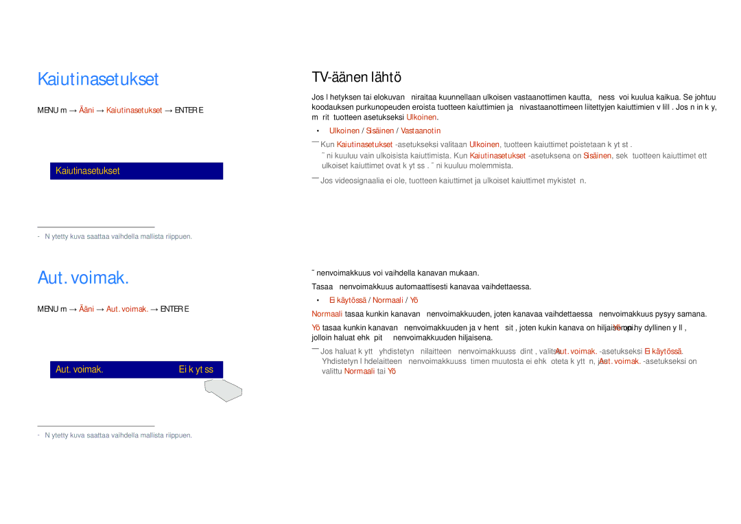 Samsung LH65DMDPLGC/EN, LH75DMDPLGC/EN manual Kaiutinasetukset, Aut. voimak, TV-äänen lähtö 