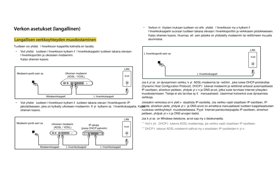 Samsung LH75DMDPLGC/EN, LH65DMDPLGC/EN manual Verkon asetukset langallinen, Langallisen verkkoyhteyden muodostaminen 