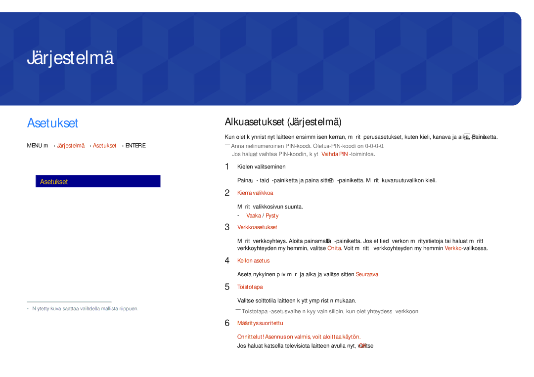 Samsung LH75DMDPLGC/EN, LH65DMDPLGC/EN manual Asetukset, Alkuasetukset Järjestelmä 