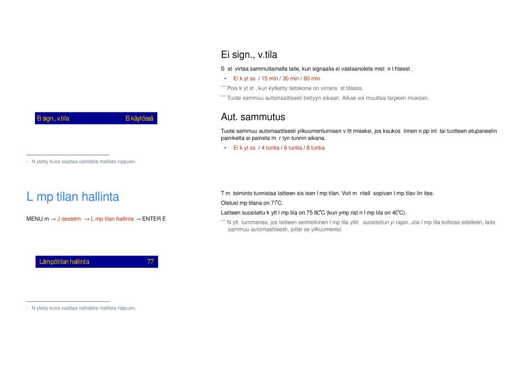 Samsung LH65DMDPLGC/EN, LH75DMDPLGC/EN manual Lämpötilan hallinta, Ei sign., v.tila, Aut. sammutus, Energiansäästö 