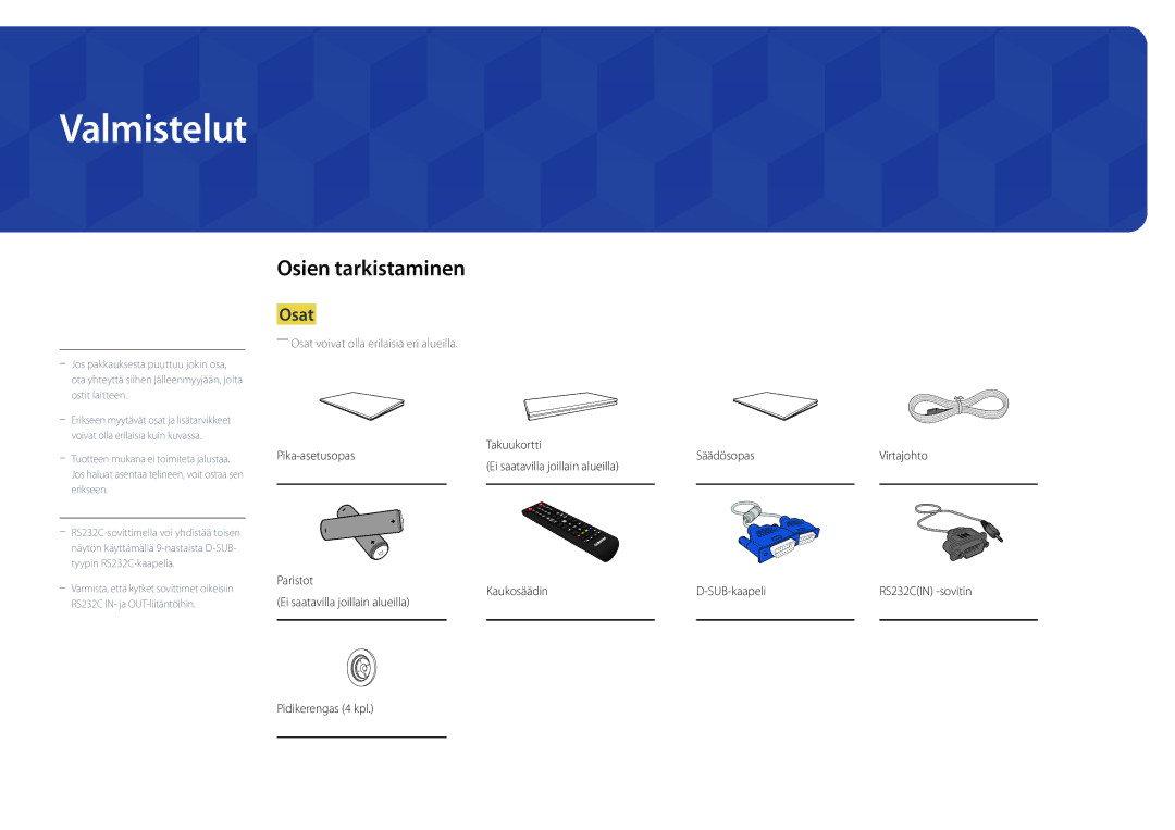 Samsung LH75DMDPLGC/EN, LH65DMDPLGC/EN manual Valmistelut, Osien tarkistaminen, Osat, Takuukortti, Säädösopas 